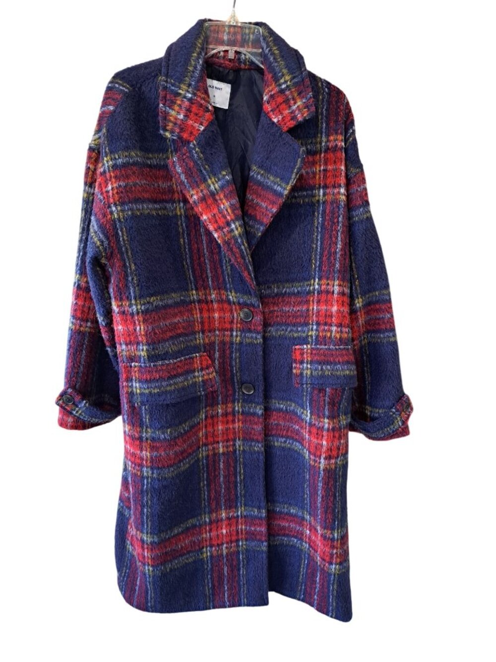 Old Navy Womens XL Brushed Plaid Oversized Long Coat Button Cuffs Notched Lapel